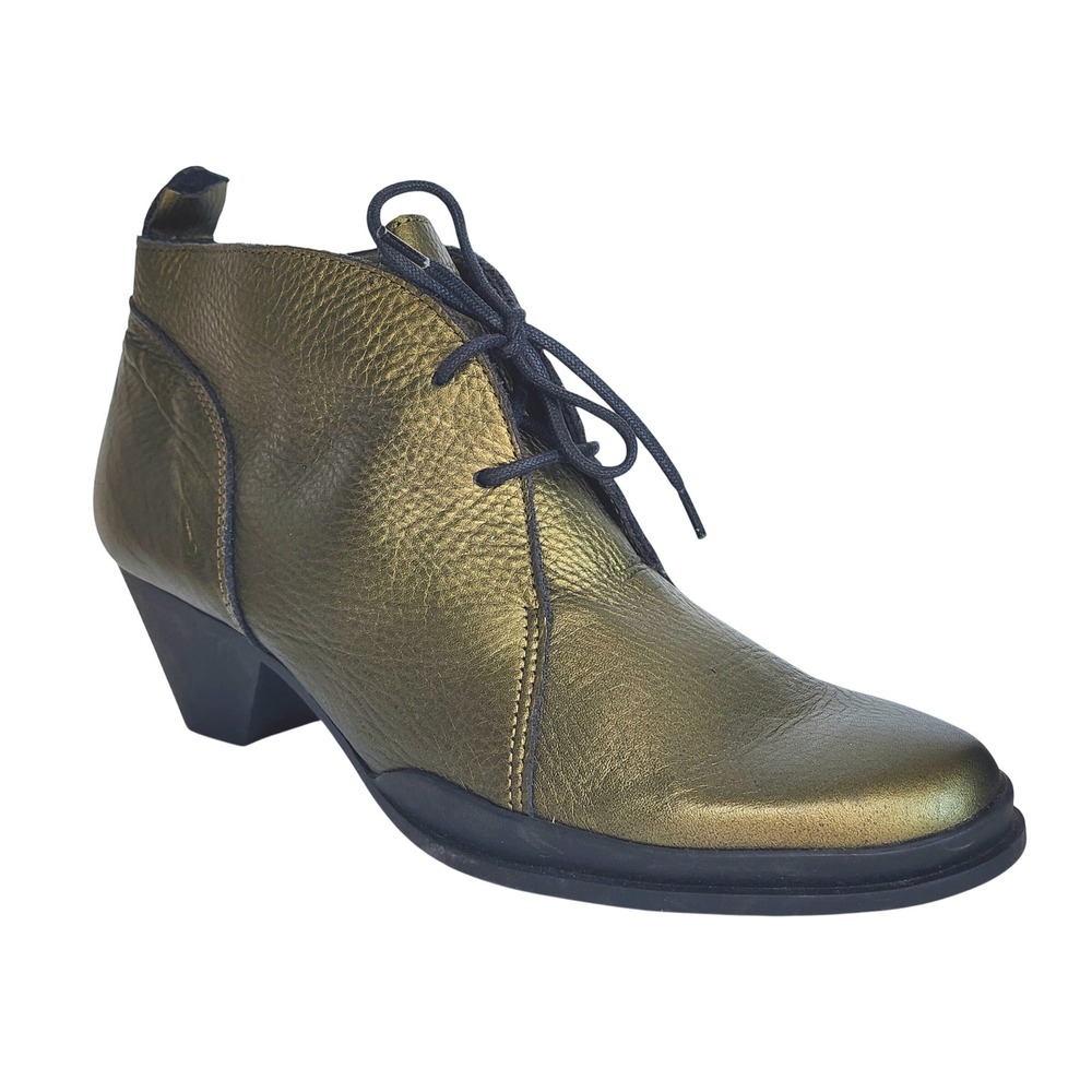 Arche Womens Green Metallic Leather Lace Up Ankle Booties Block Heel Flawed 41